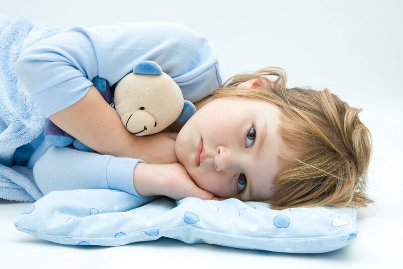 Child Sleeping with Teddy Bear — Blue, Calm, Photograph