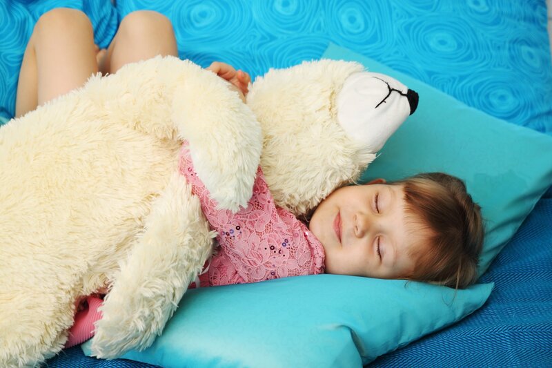 Child Sleeping with Teddy Bear — Blue, Peaceful