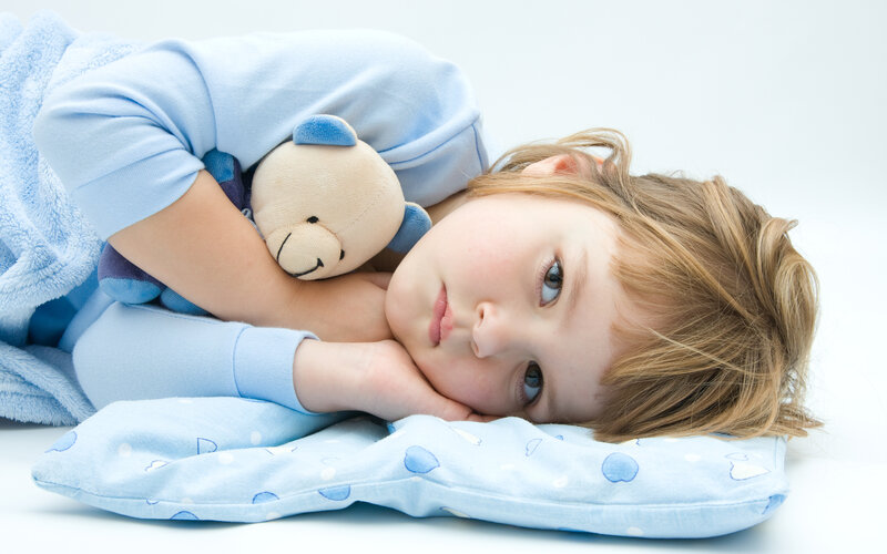 Child Sleeping with Teddy Bear — Blue