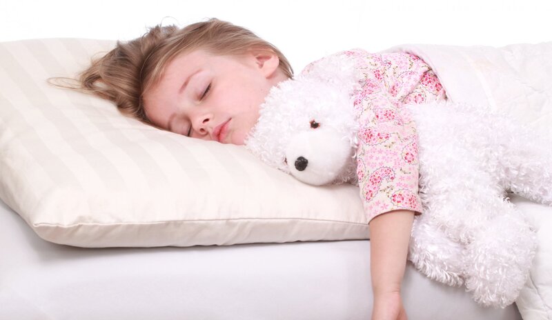 Child Sleeping with Teddy Bear — White