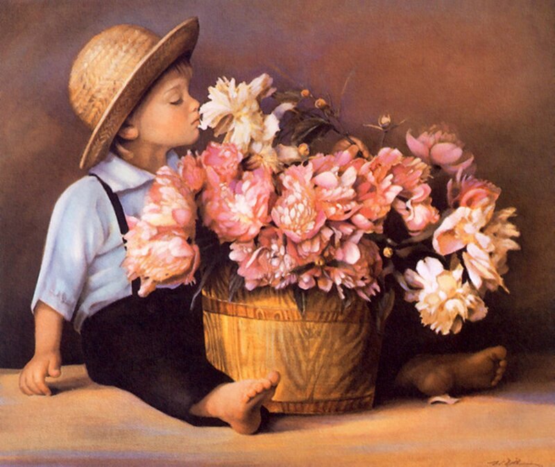 Child Smelling Flowers — Pink, Serene