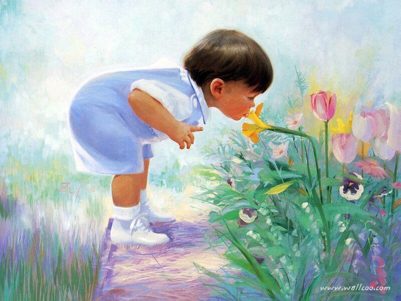 Child Smelling Flowers
