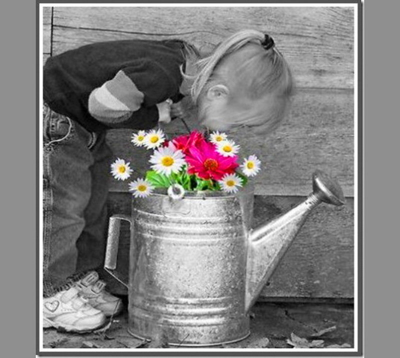 Child Smelling Flowers — White
