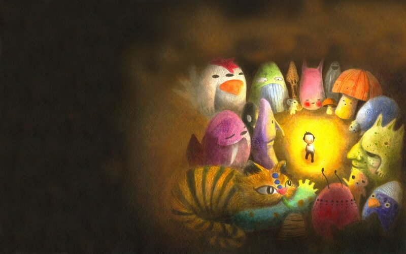 child surrounded by creatures