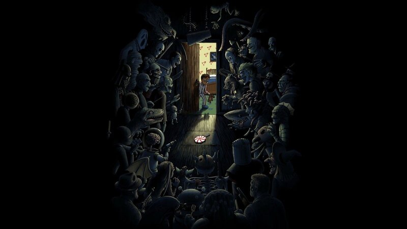 child surrounded by monsters