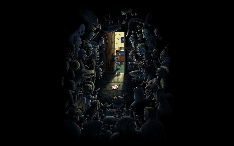 Child Surrounded by Monsters — Black, Dramatic, Night