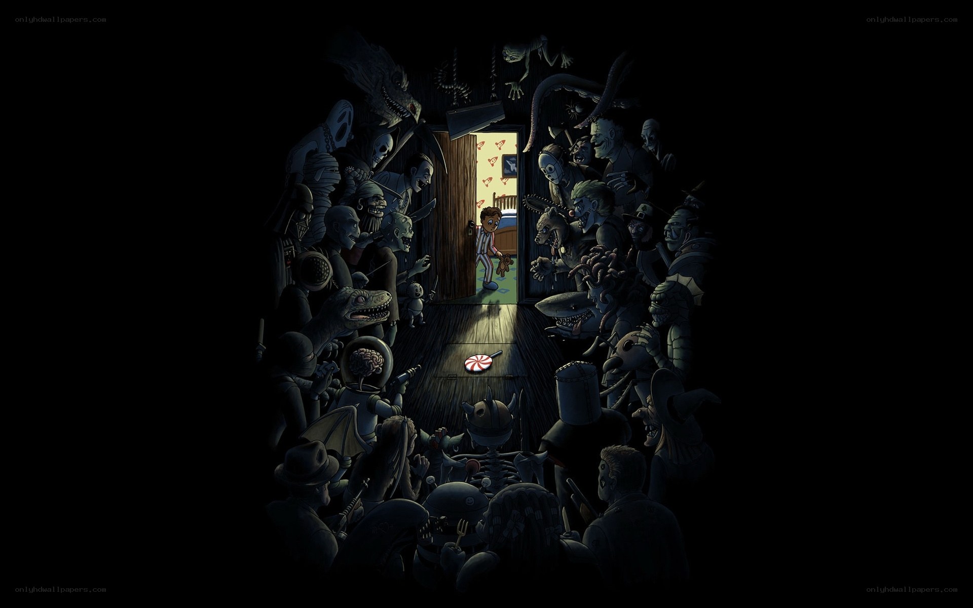 child surrounded by monsters