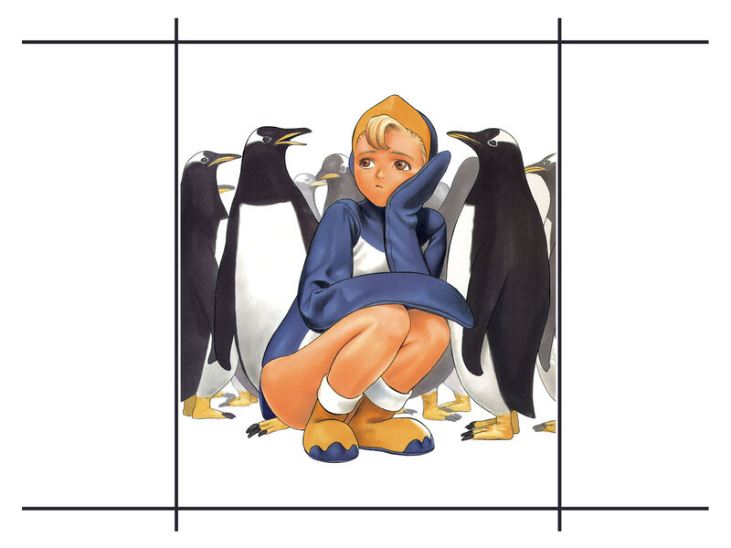 child surrounded by penguins