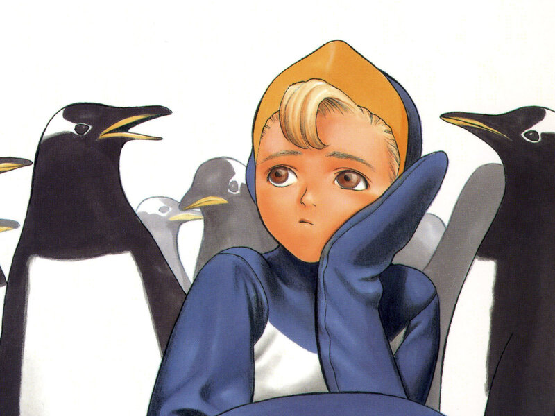 child surrounded by penguins
