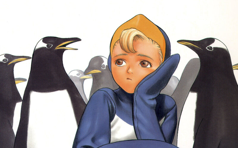 child surrounded by penguins