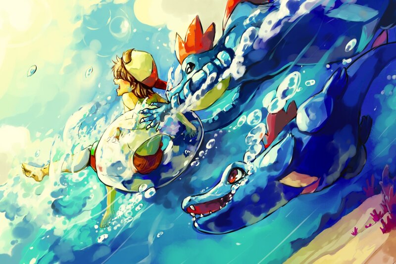 child swimming with water monsters
