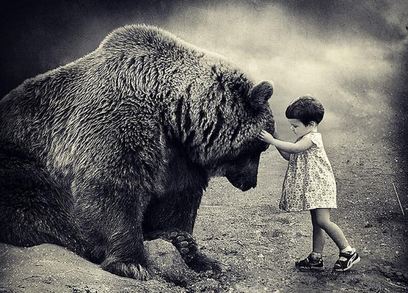 Child Touching Bear — Black