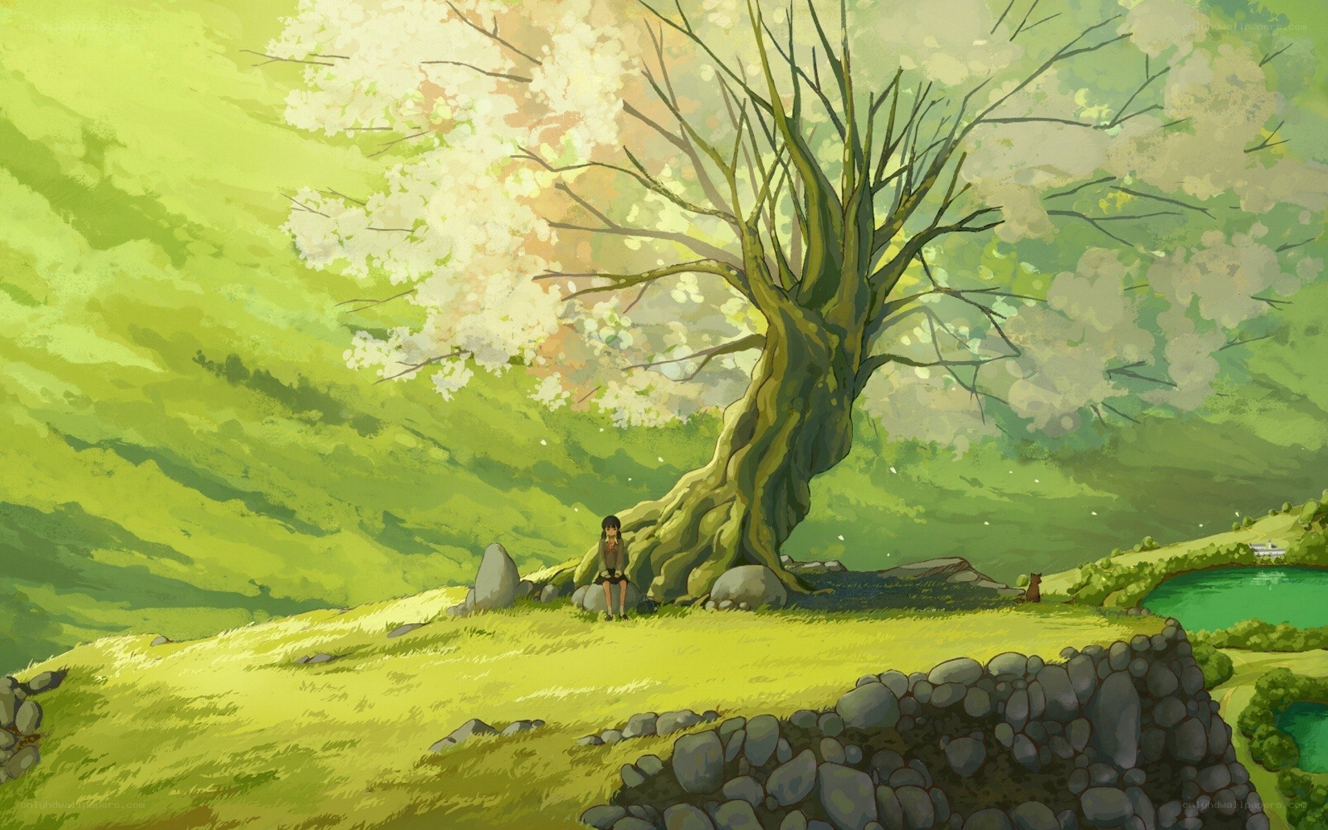 child under a blossoming tree
