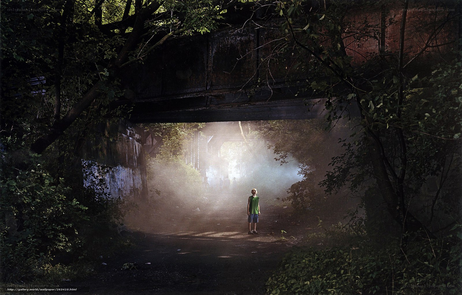 Child under a bridge at dusk