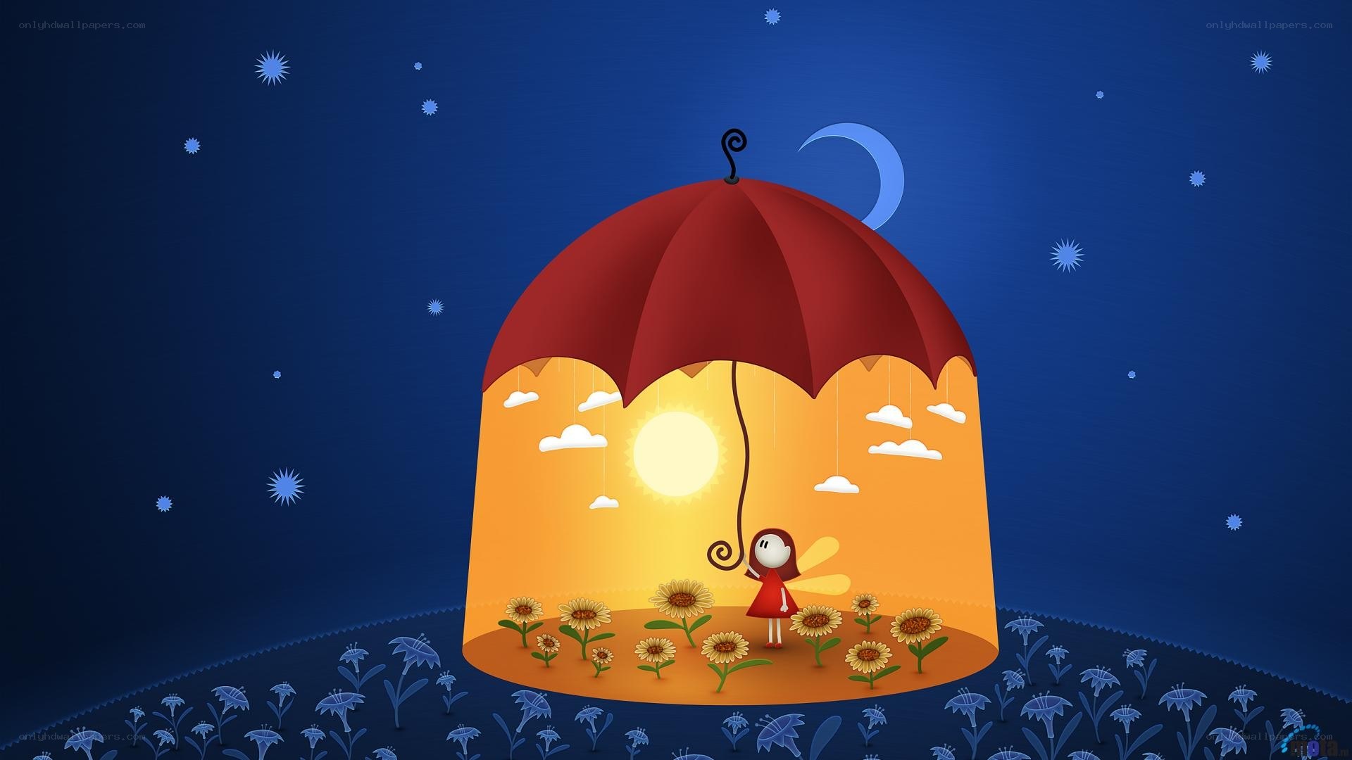 child under a red umbrella