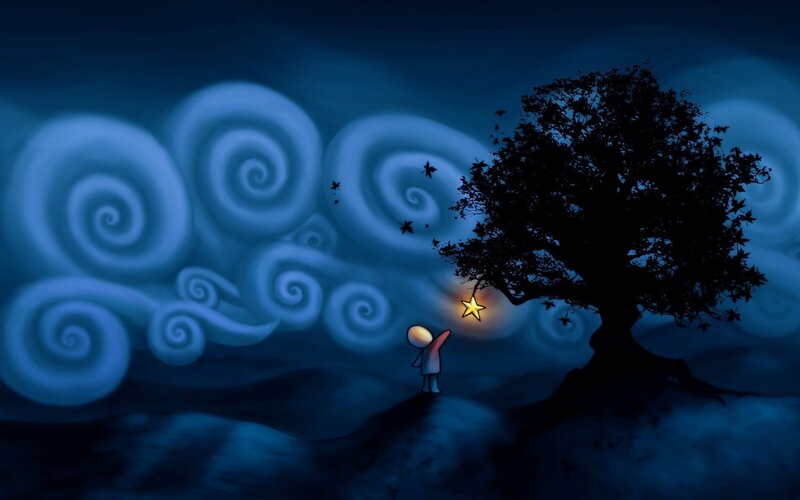 child under a starlit tree