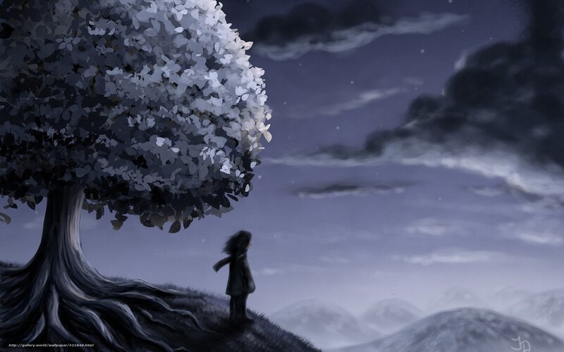child under a white tree