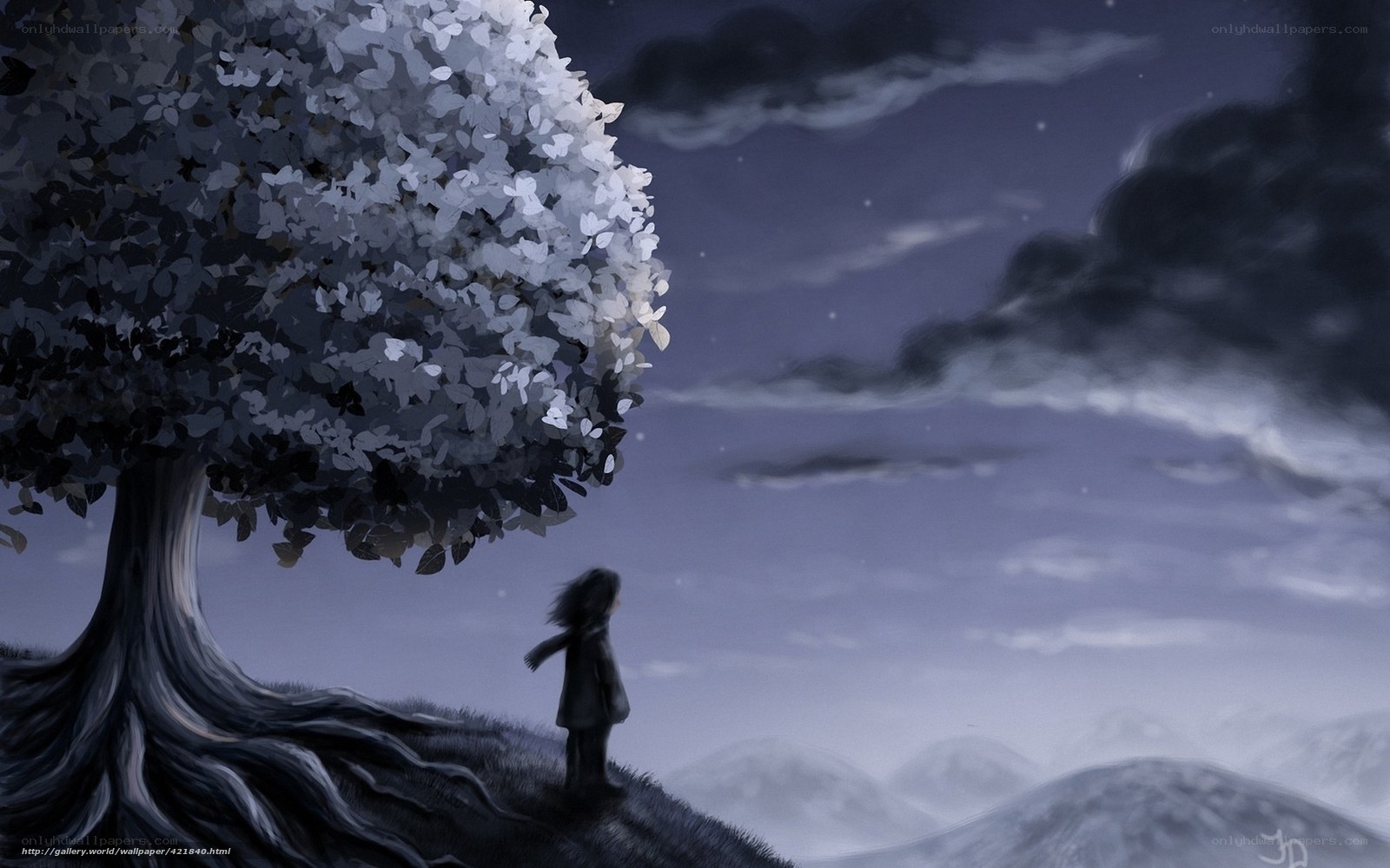 child under a white tree