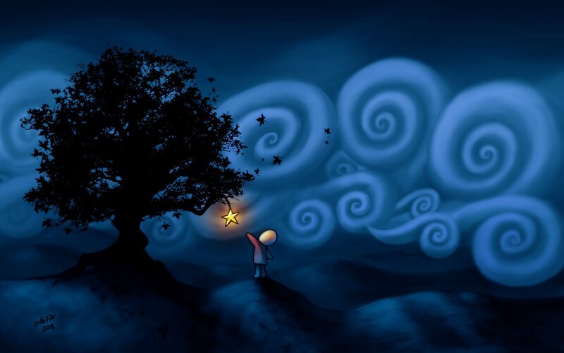 Child under Tree at Night — Blue, Dreamy