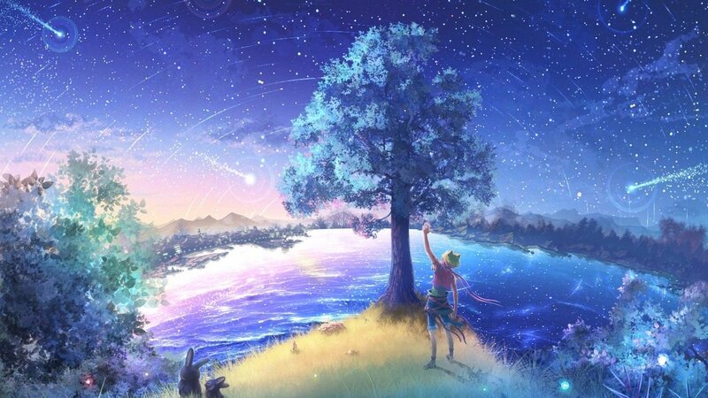 Child under Tree at Night — Blue