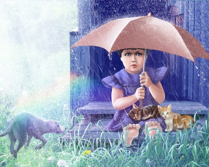 Child under Umbrella — Blue, Calm