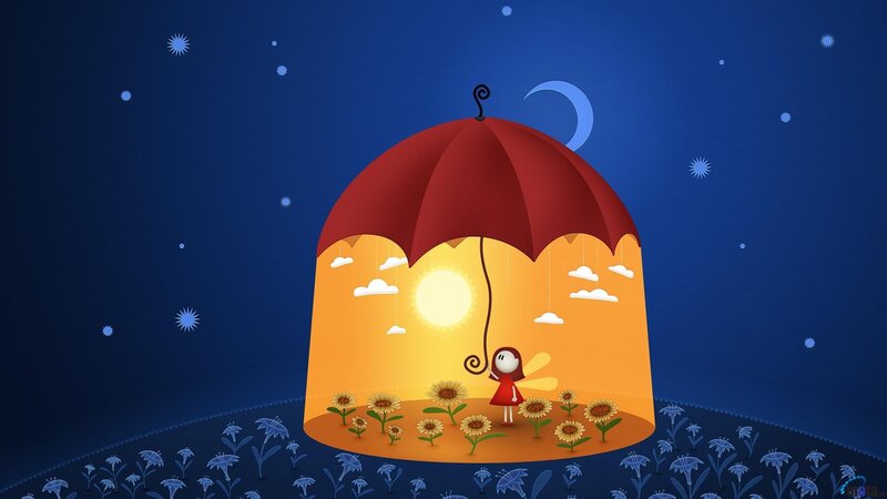 Child under Umbrella — Blue, Serene, Night