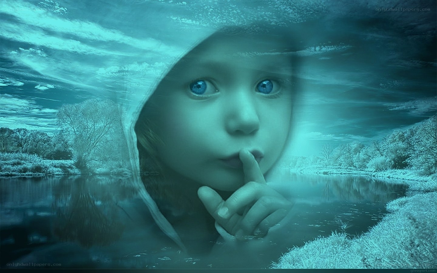 child underwater with river scene