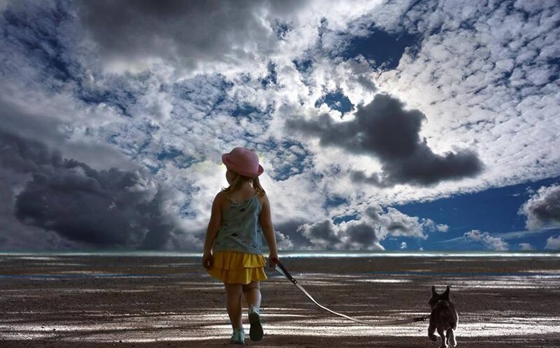 Child Walking Dog — Blue