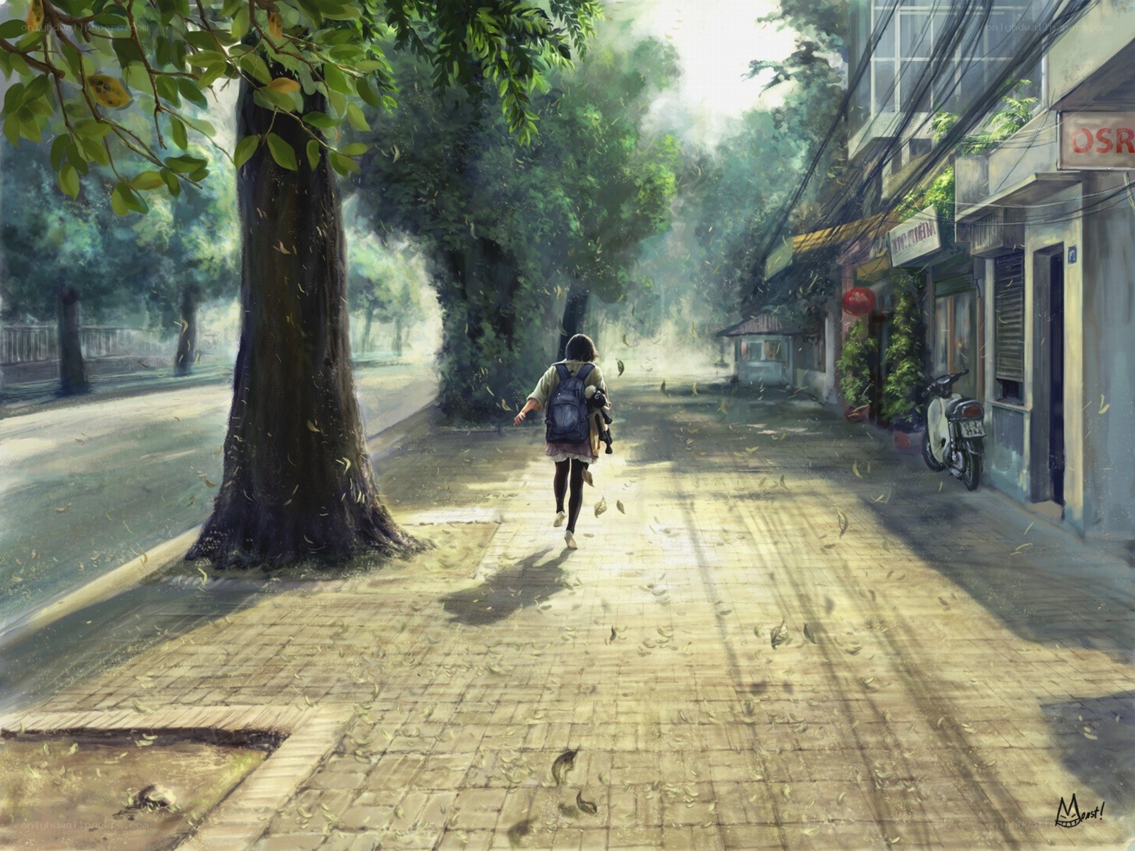 Child walking down a leafy street