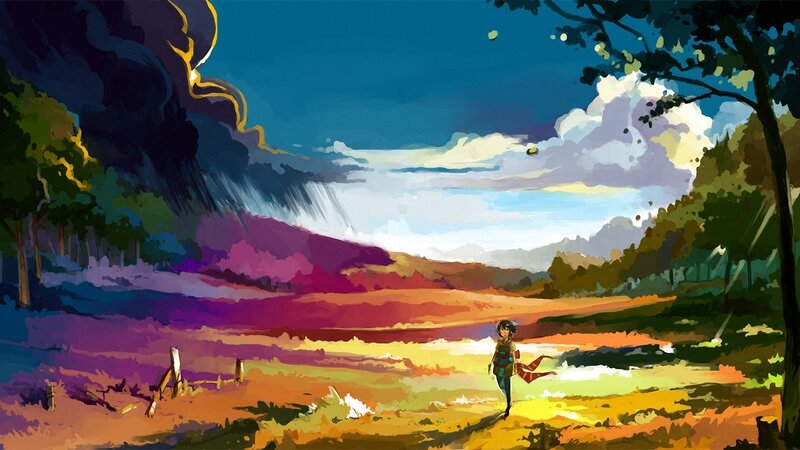 Child Walking in Field — Blue, Dramatic, Sunset