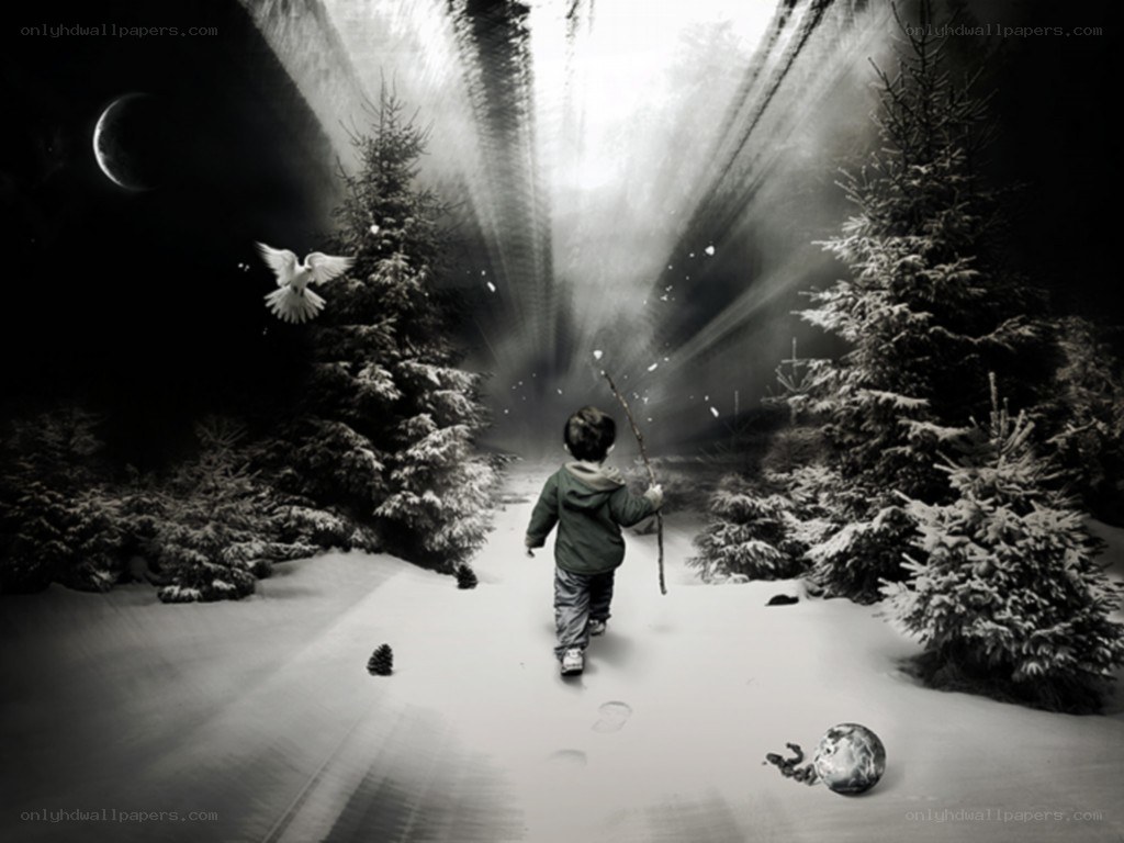 child walking in snowy forest