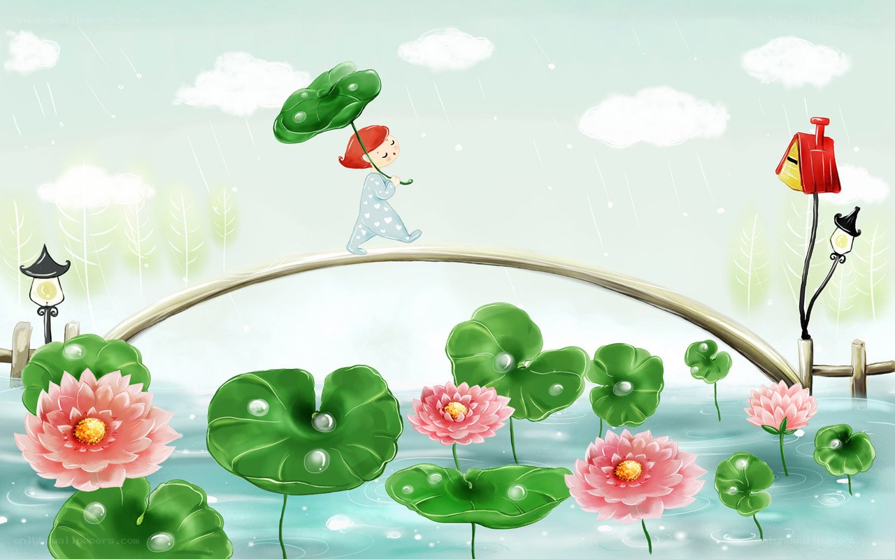 Child walking on bridge in rain