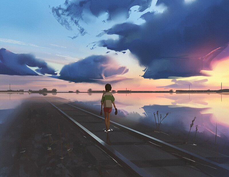 Child Walking on Train Tracks — Blue