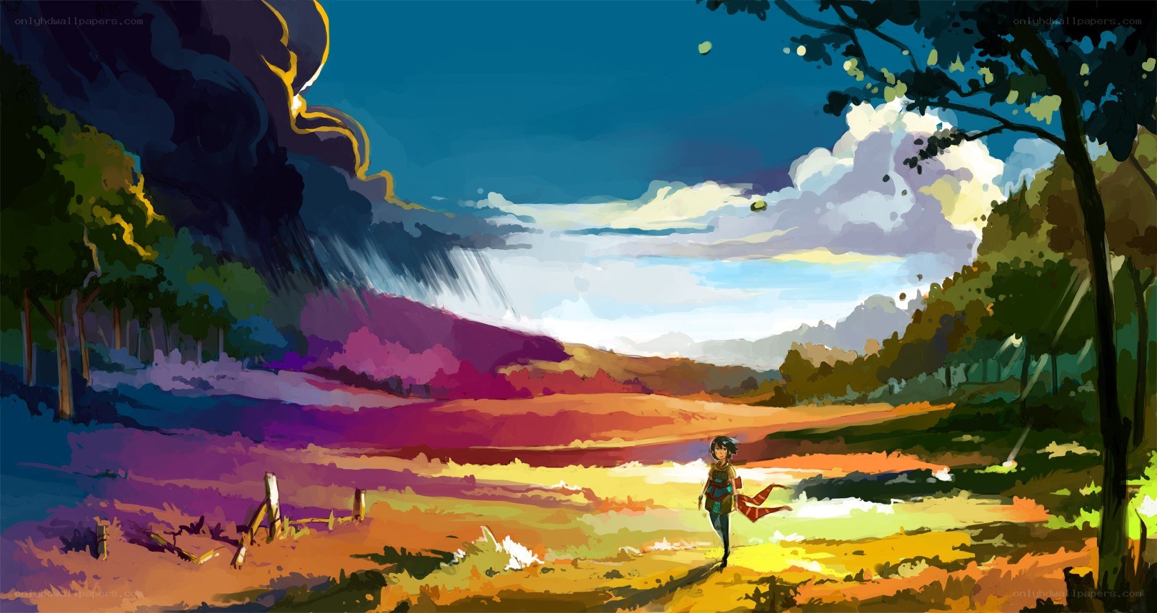 Child walking through colorful landscape