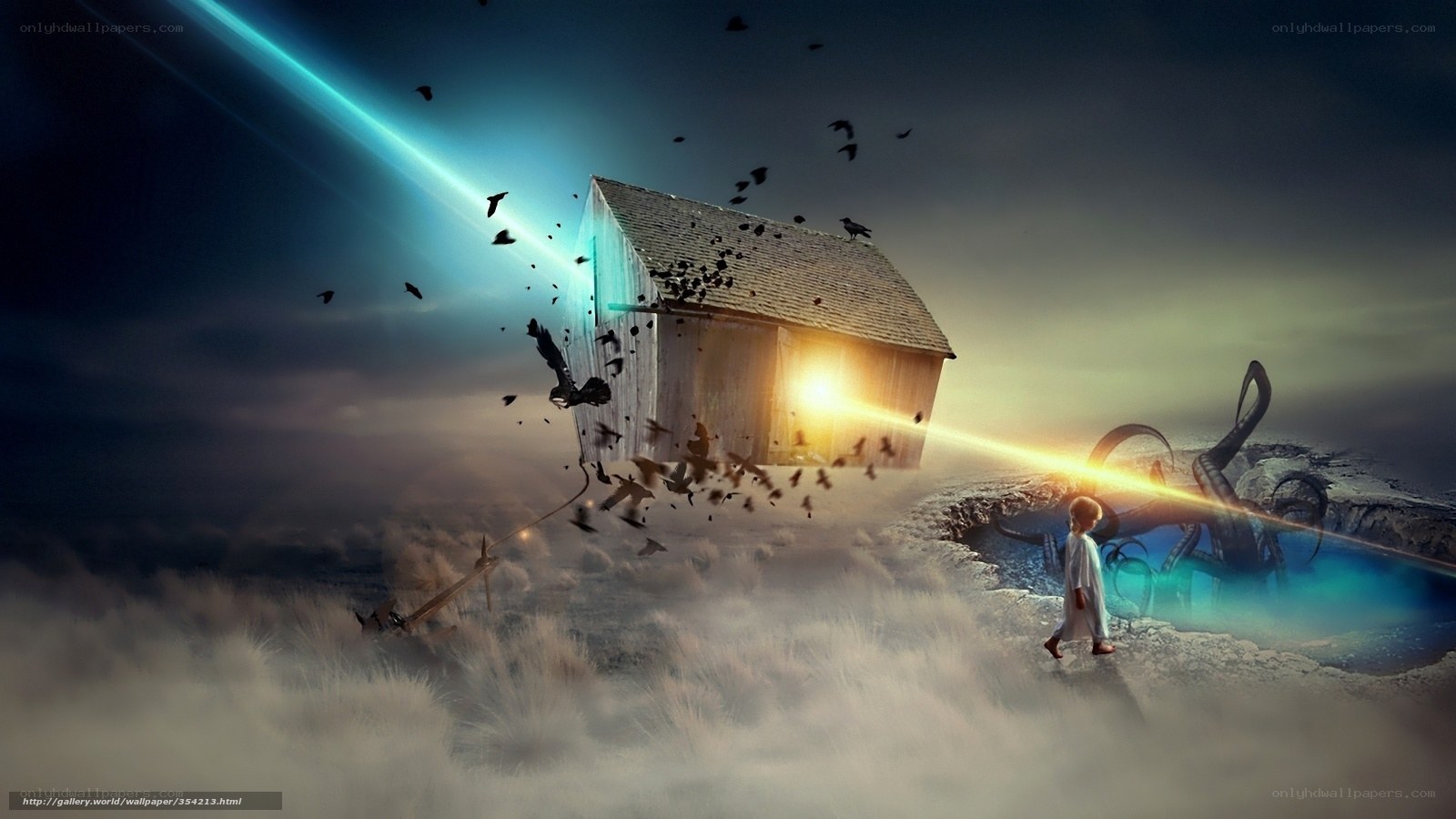 Child walking through surreal landscape
