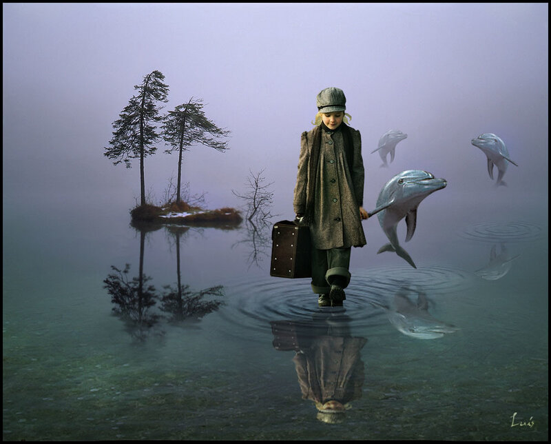 child walking through water with dolphins