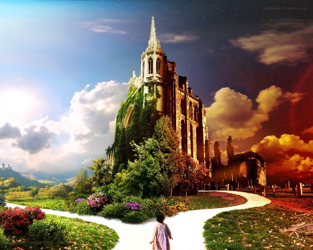 Child walking to a castle