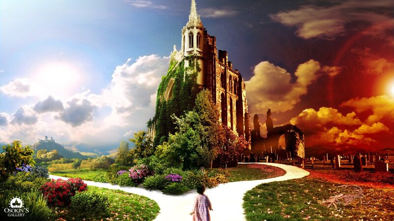 Child Walking to Castle — Green, Dramatic, Sunset