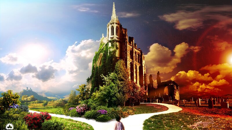Child Walking to Castle — Green, Dramatic