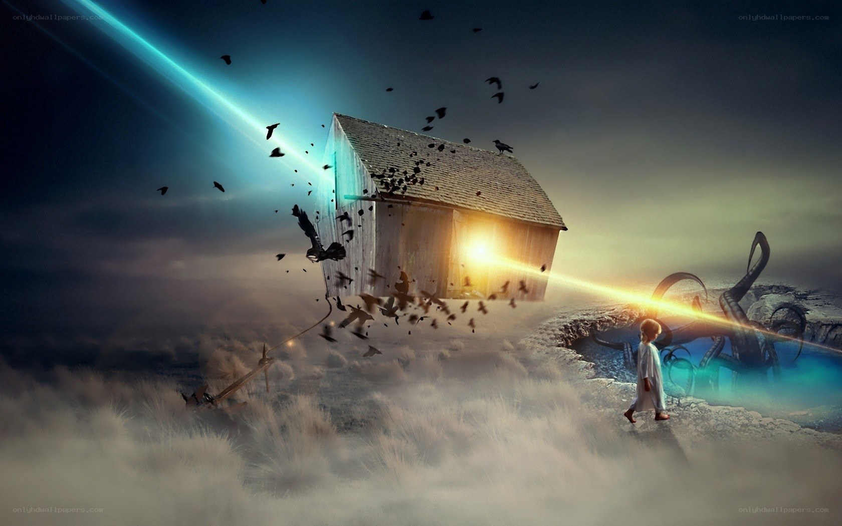 child walking toward a floating house