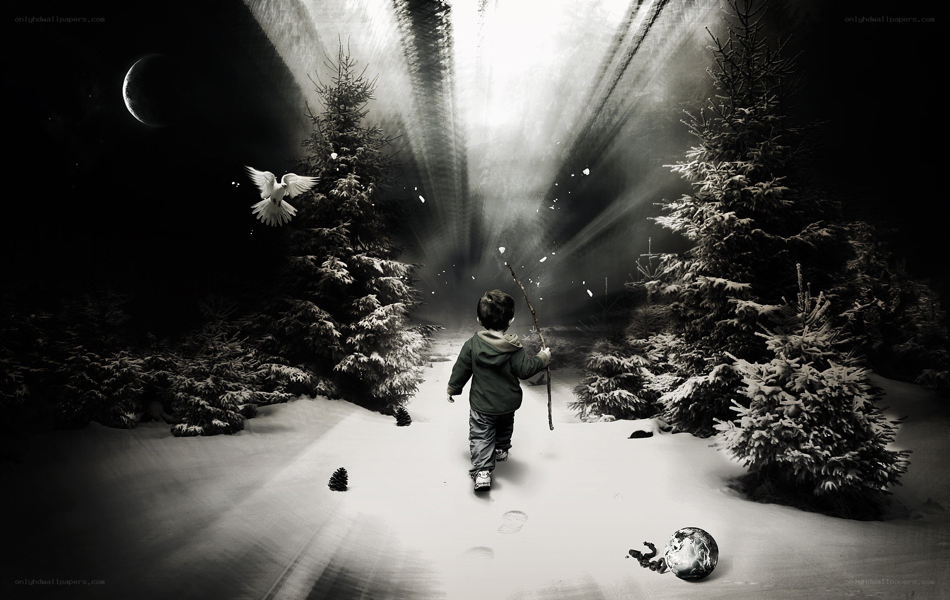 child walks through snowy forest