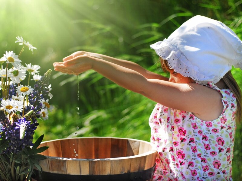 Child Washing Hands — Green, Serene, Afternoon