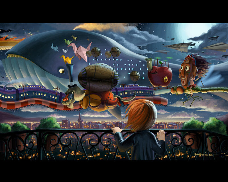 Child watches surreal dream world