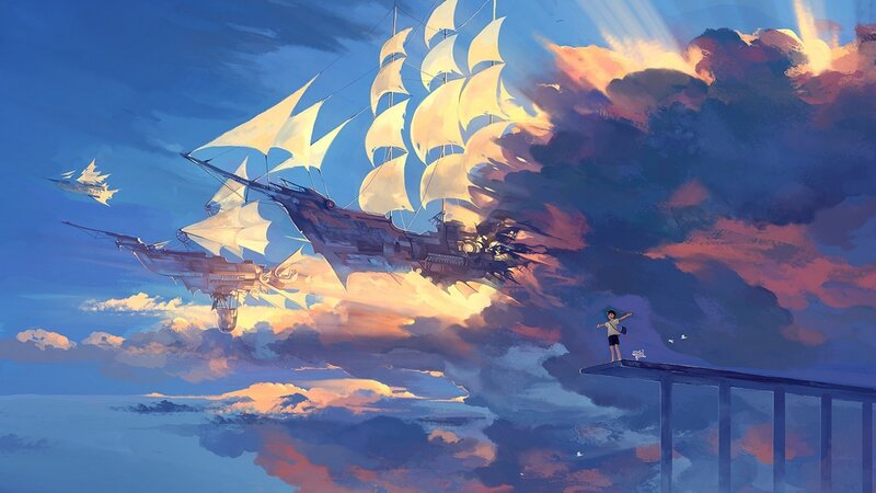 Child Watching Airships — Blue