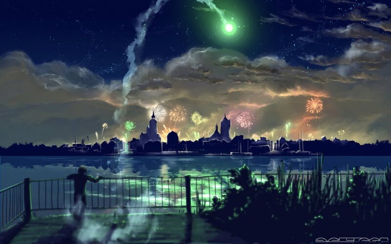 Child Watching Fireworks — Green