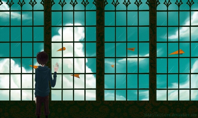 child watching paper planes
