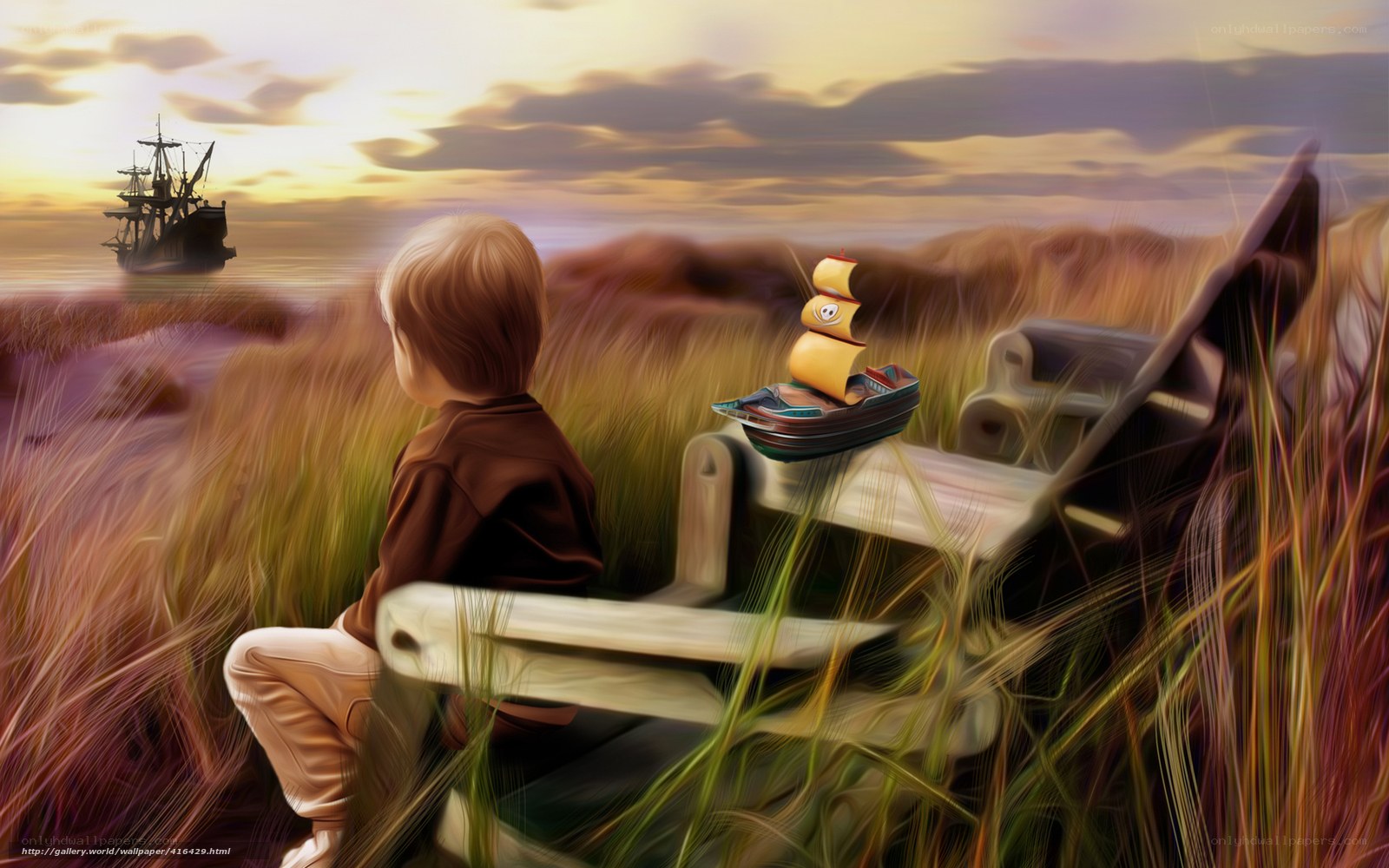 Child watching ship at sunset