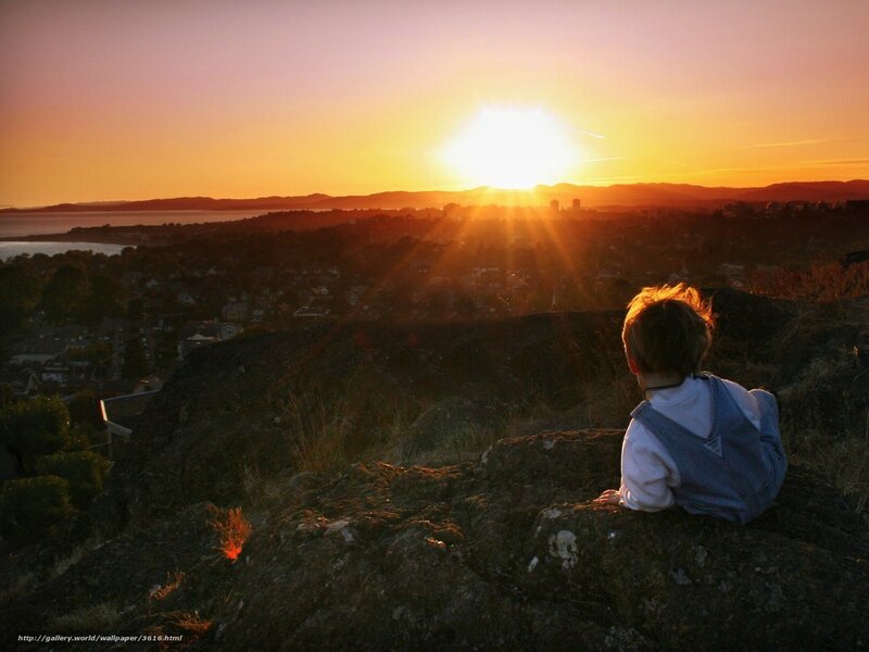 Child watching sunset from hill