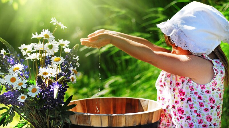 Child Watering Flowers — Green