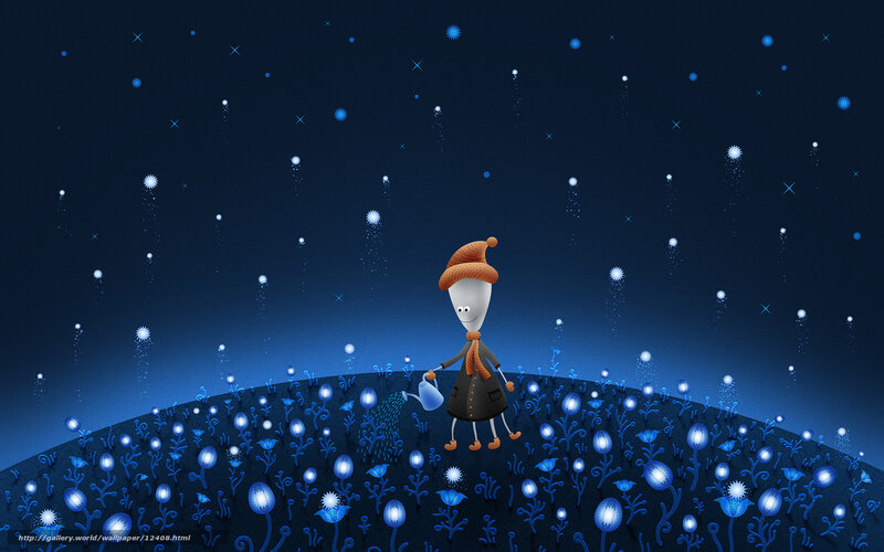 Child watering flowers under stars